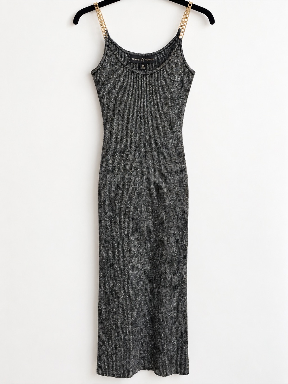 Almost Famous Metallic Black Ribbed Maxi Dress with Gold Chain Straps